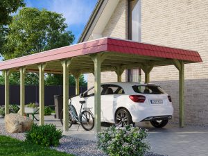 Carport Spreewald 396 x 741 cm mit Aluminiumdach, rote Blende