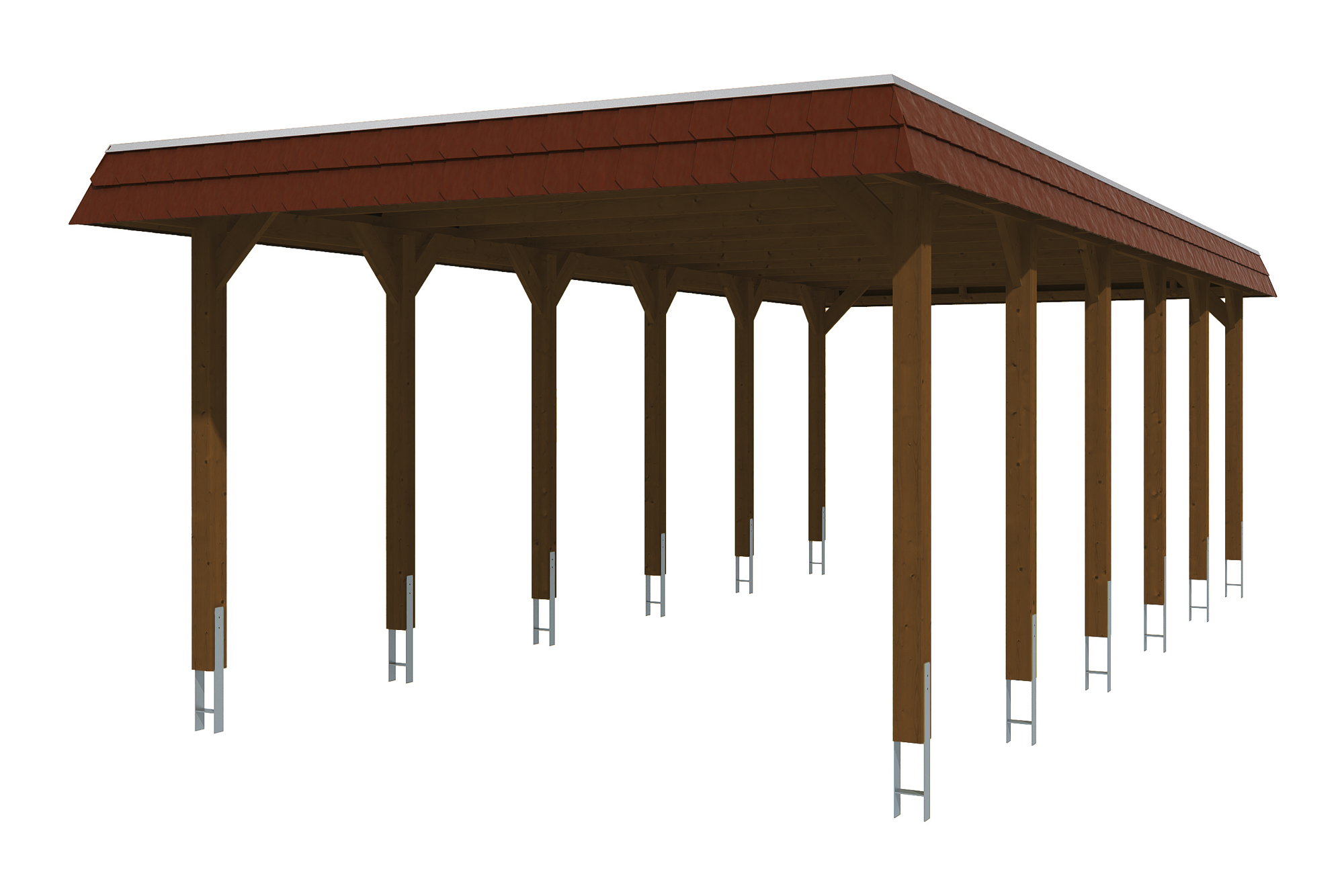 Carport Spreewald 396 x 893 cm mit Aluminiumdach, schwarze Blende, nussbaum