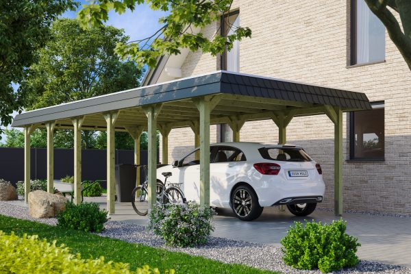 Carport Spreewald 396 x 893 cm mit Aluminiumdach, schwarze Blende