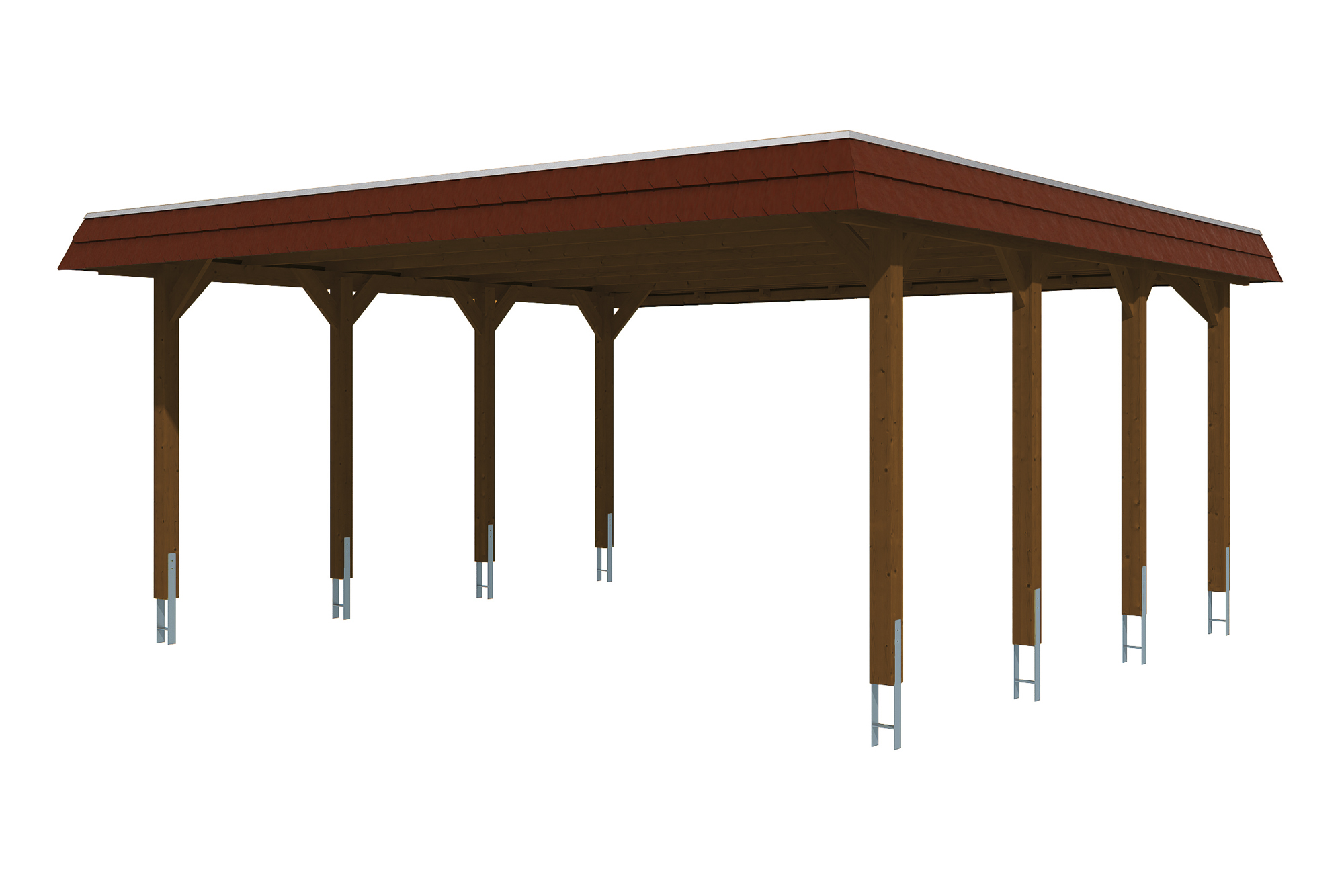 Carport Spreewald 585 x 589 cm mit Aluminiumdach, schwarze Blende, nussbaum