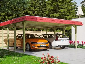 Carport Spreewald 585 x 589 cm mit Aluminiumdach, rote Blende