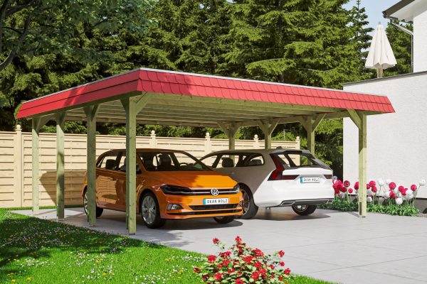 Carport Spreewald 585 x 589 cm mit Aluminiumdach, rote Blende