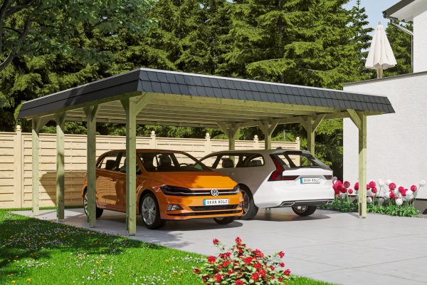 Carport Spreewald 585 x 589 cm mit Aluminiumdach, schwarze Blende