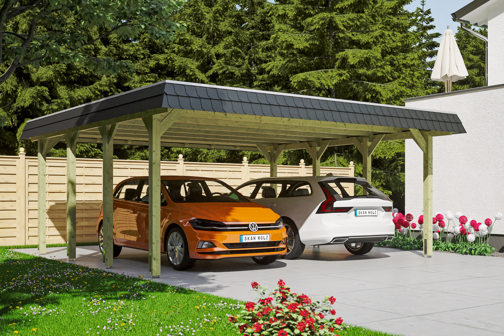 Carport Spreewald 585 x 589 cm mit Aluminiumdach, schwarze Blende