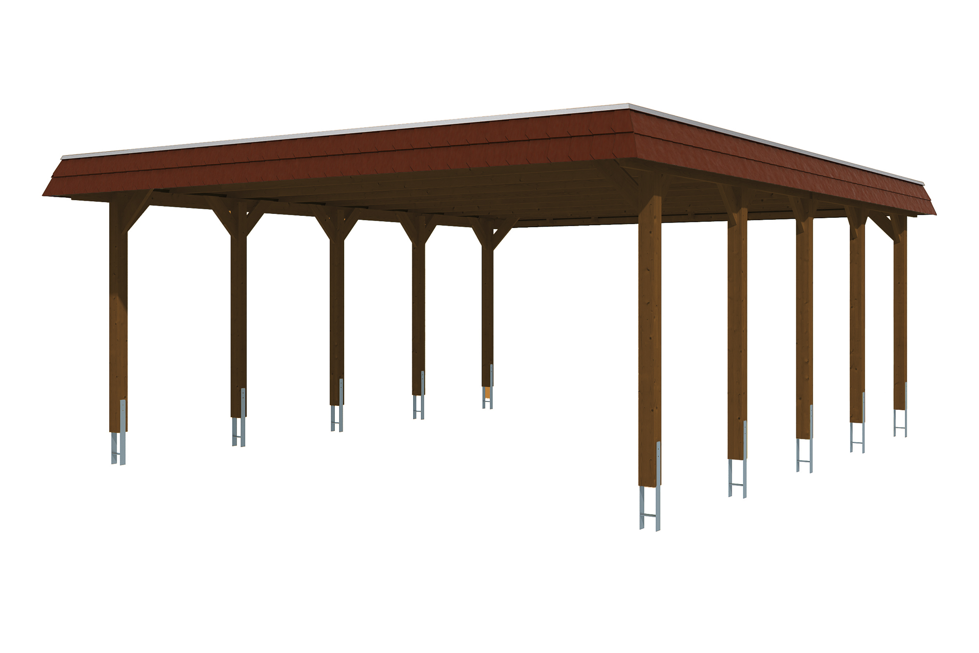 Carport Spreewald 585 x 741 cm mit Aluminiumdach, schwarze Blende, nussbaum