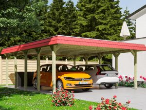Carport Spreewald 585 x 741 cm mit Aluminiumdach, rote Blende
