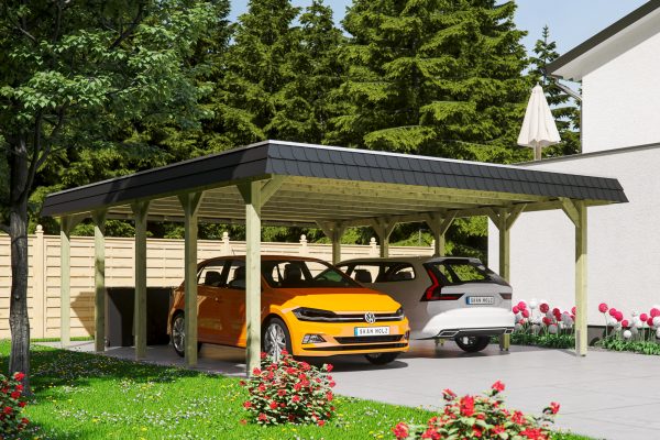 Carport Spreewald 585 x 741 cm mit Aluminiumdach, schwarze Blende