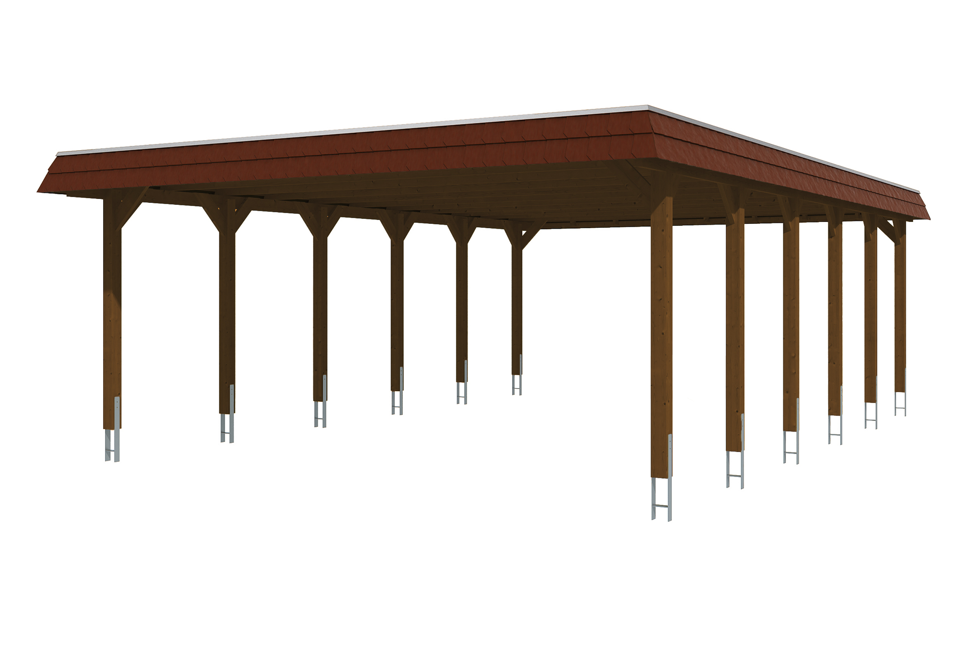 Carport Spreewald 585 x 893 cm mit Aluminiumdach, schwarze Blende, nussbaum