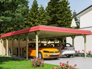 Carport Spreewald 585 x 893 cm mit Aluminiumdach, rote Blende