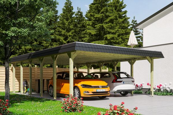 Carport Spreewald 585 x 893 cm mit Aluminiumdach, schwarze Blende