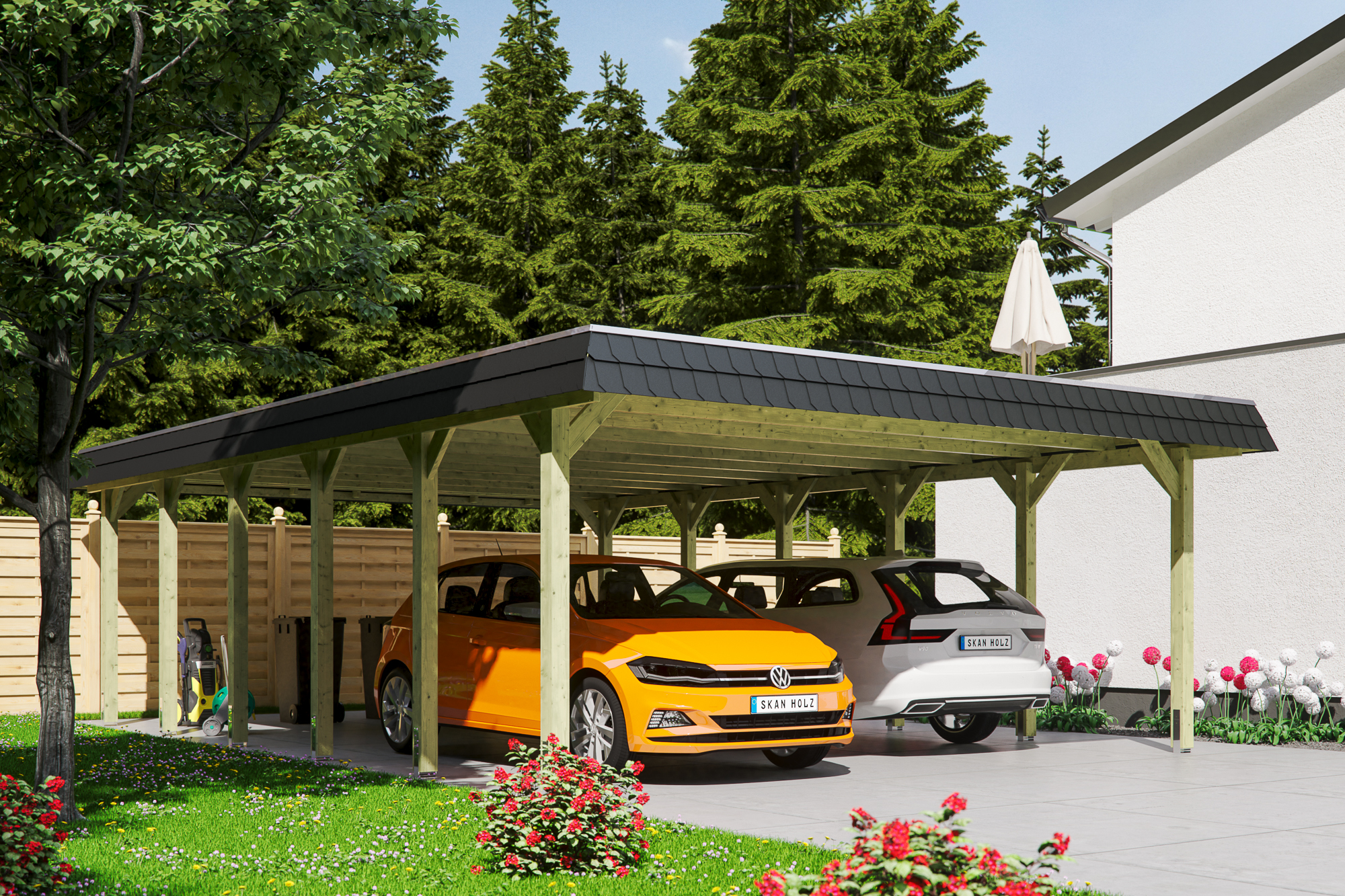 Carport Spreewald 585 x 893 cm mit Aluminiumdach, schwarze Blende