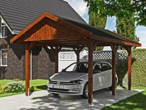 Carport Wallgau 380 x 500 cm, nussbaum, schwarze Schindeln