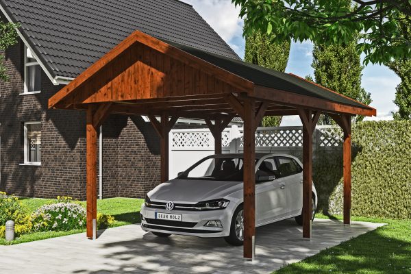 Carport Wallgau 380 x 500 cm, nussbaum, schwarze Schindeln