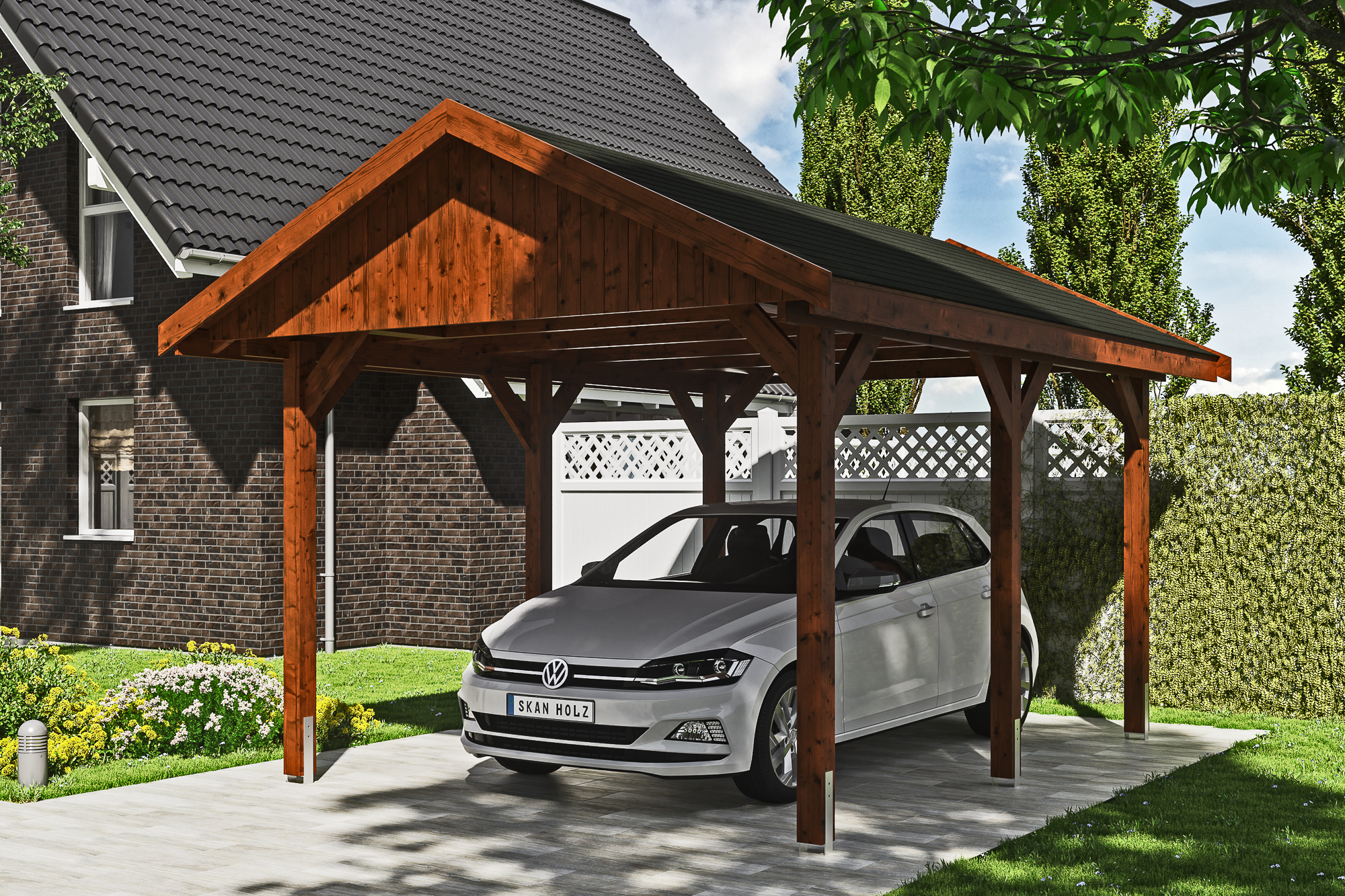 Carport Wallgau 380 x 500 cm, nussbaum, schwarze Schindeln Carport Wallgau 380 x 500 cm, nussbaum, schwarze Schindeln