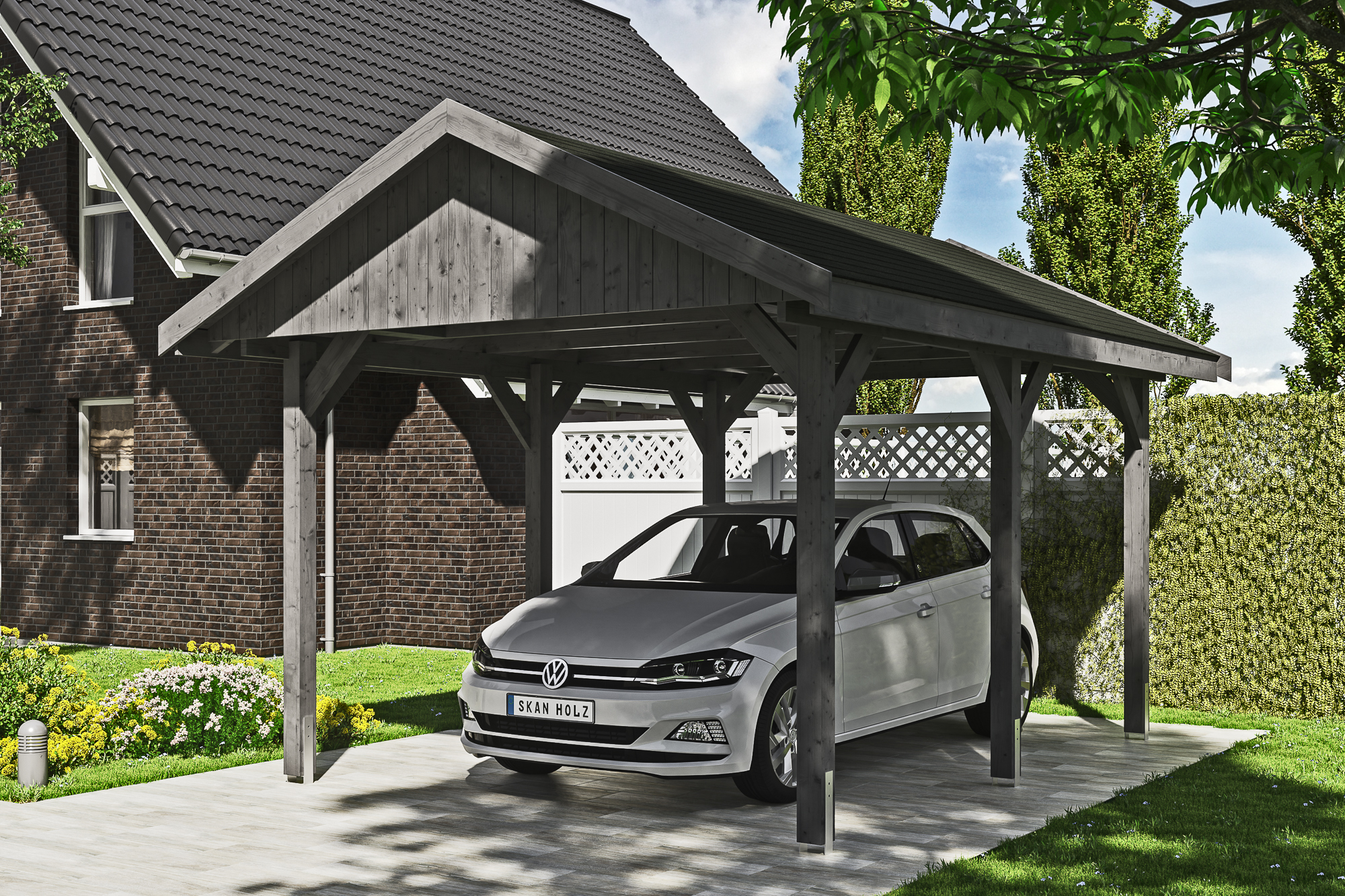Carport Wallgau 380 x 500 cm, schiefergrau, schwarze Schindeln Carport Wallgau 380 x 500 cm, schiefergrau, schwarze Schindeln