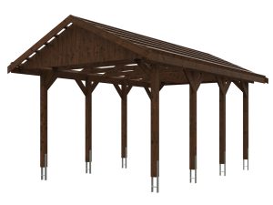 Carport Wallgau 380 x 600 cm, nussbaum, rote Schindeln