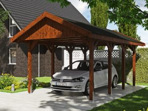 Carport Wallgau 380 x 600 cm, nussbaum, schwarze Schindeln