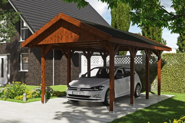 Carport Wallgau 380 x 600 cm, nussbaum, schwarze Schindeln