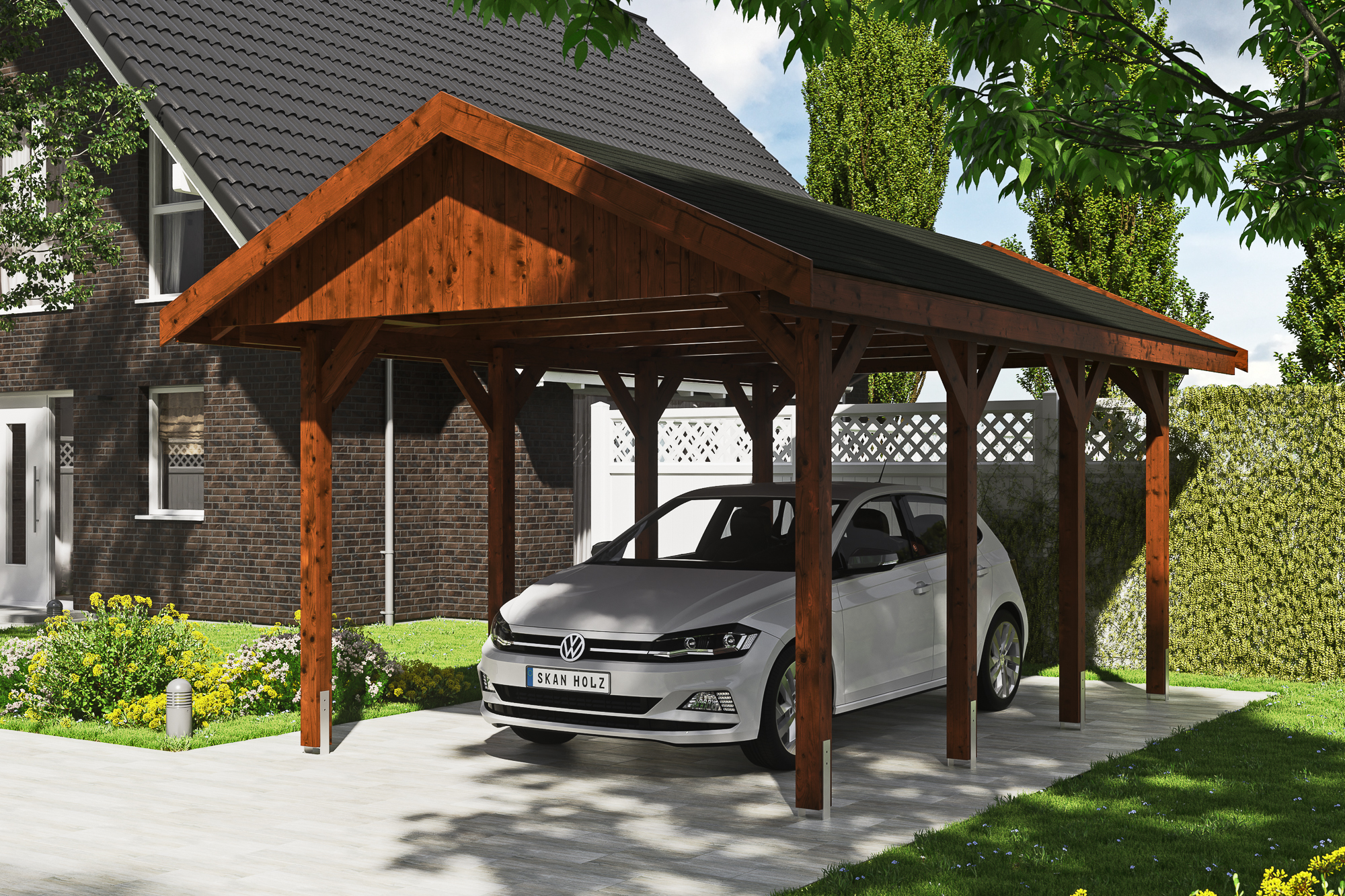 Carport Wallgau 380 x 600 cm, nussbaum, schwarze Schindeln Carport Wallgau 380 x 600 cm, nussbaum, schwarze Schindeln