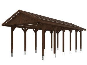 Carport Wallgau 380 x 900 cm, nussbaum, rote Schindeln