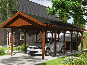 Carport Wallgau 380 x 900 cm, nussbaum, schwarze Schindeln