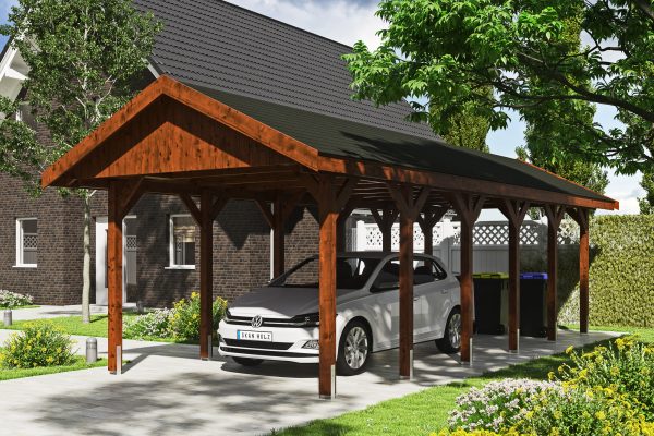 Carport Wallgau 380 x 900 cm, nussbaum, schwarze Schindeln
