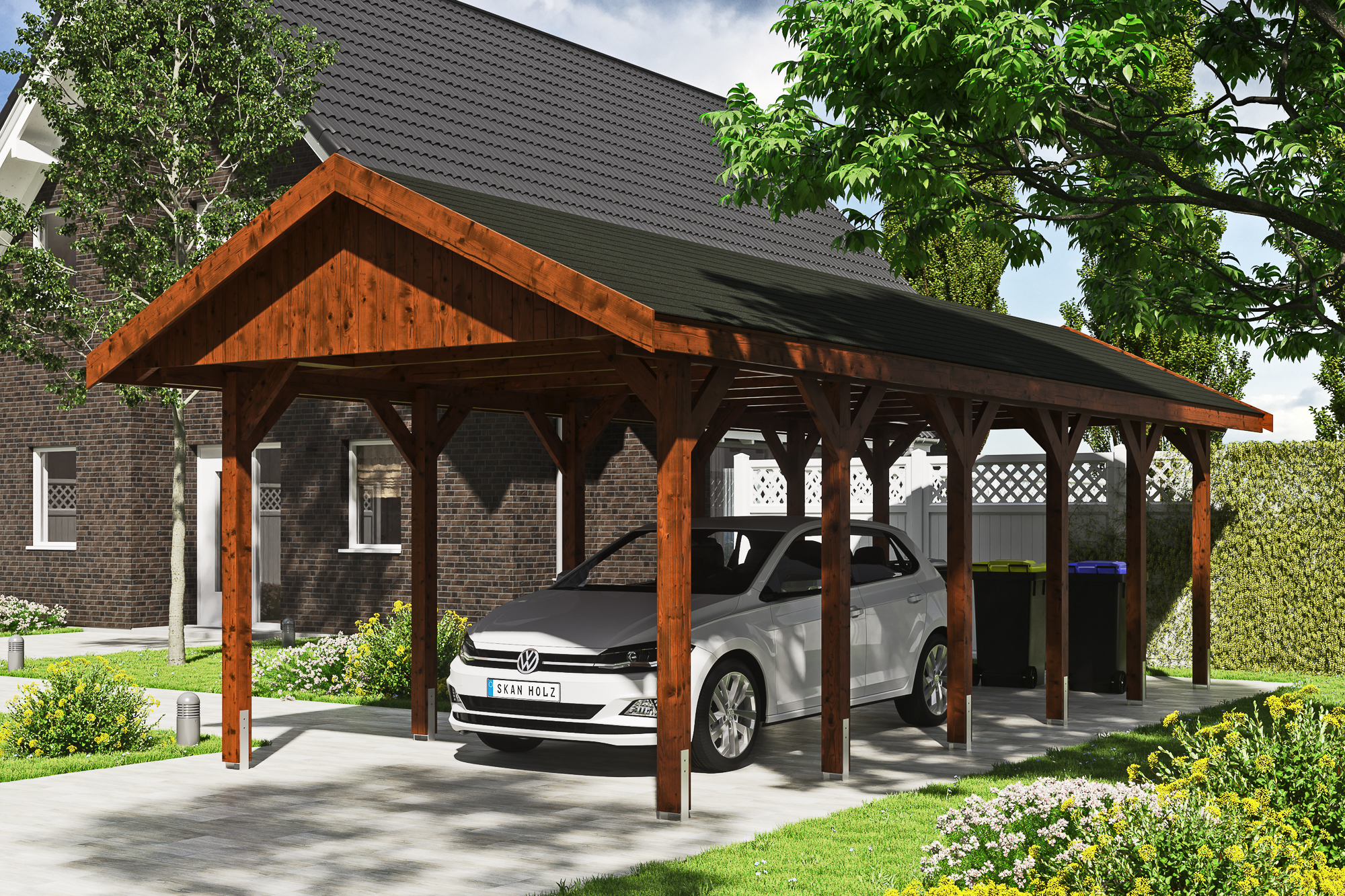 Carport Wallgau 380 x 900 cm, nussbaum, schwarze Schindeln