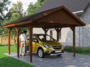 Carport Wallgau 430 x 500 cm, nussbaum, schwarze Schindeln