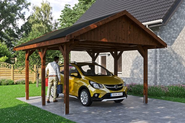Carport Wallgau 430 x 500 cm, nussbaum, schwarze Schindeln