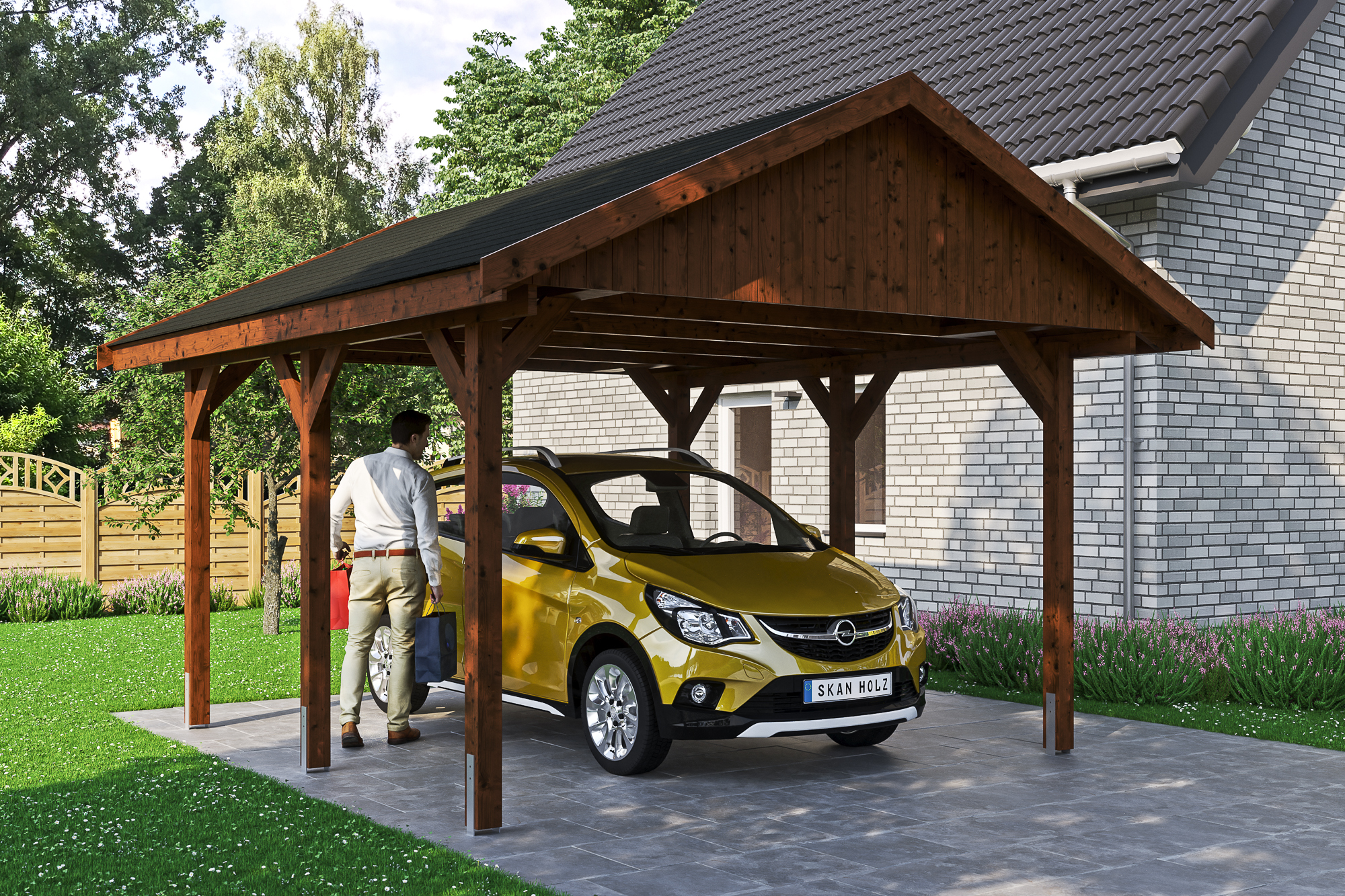Carport Wallgau 430 x 500 cm, nussbaum, schwarze Schindeln Carport Wallgau 430 x 500 cm, nussbaum, schwarze Schindeln