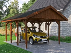 Carport Wallgau 430 x 600 cm, nussbaum, schwarze Schindeln