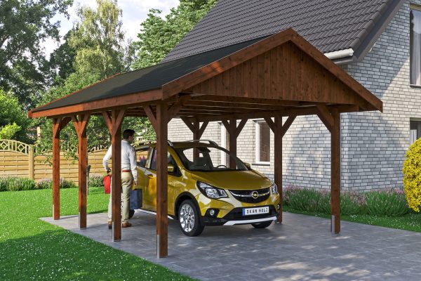 Carport Wallgau 430 x 600 cm, nussbaum, schwarze Schindeln