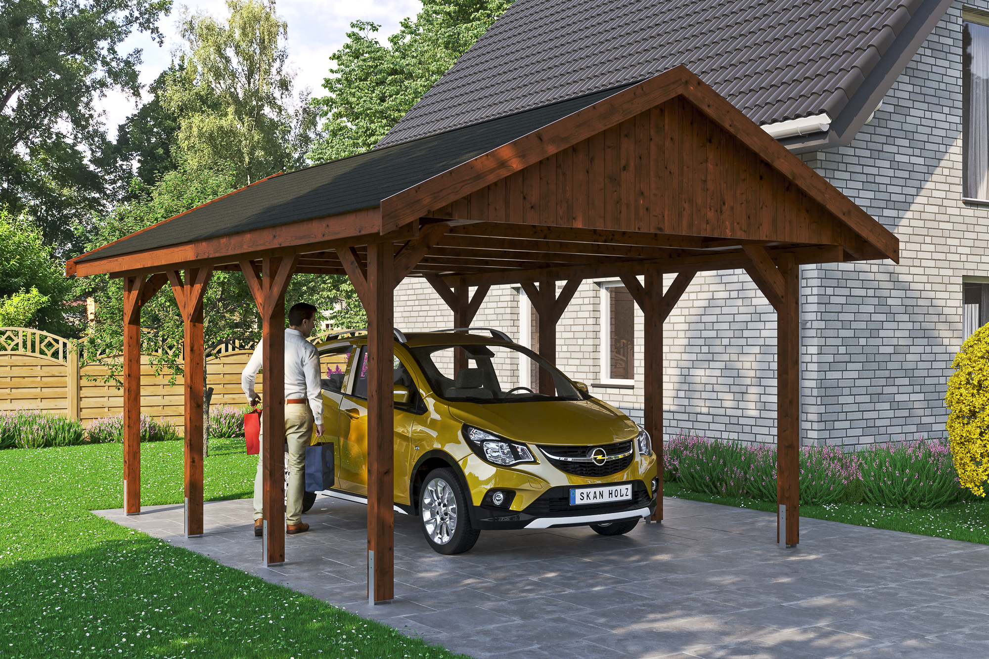 Carport Wallgau 430 x 600 cm, nussbaum, schwarze Schindeln Carport Wallgau 430 x 600 cm, nussbaum, schwarze Schindeln