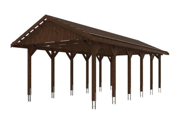 Carport Wallgau 430 x 900 cm, nussbaum, rote Schindeln