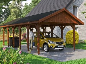 Carport Wallgau 430 x 900 cm, nussbaum, schwarze Schindeln