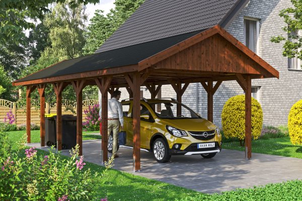 Carport Wallgau 430 x 900 cm, nussbaum, schwarze Schindeln