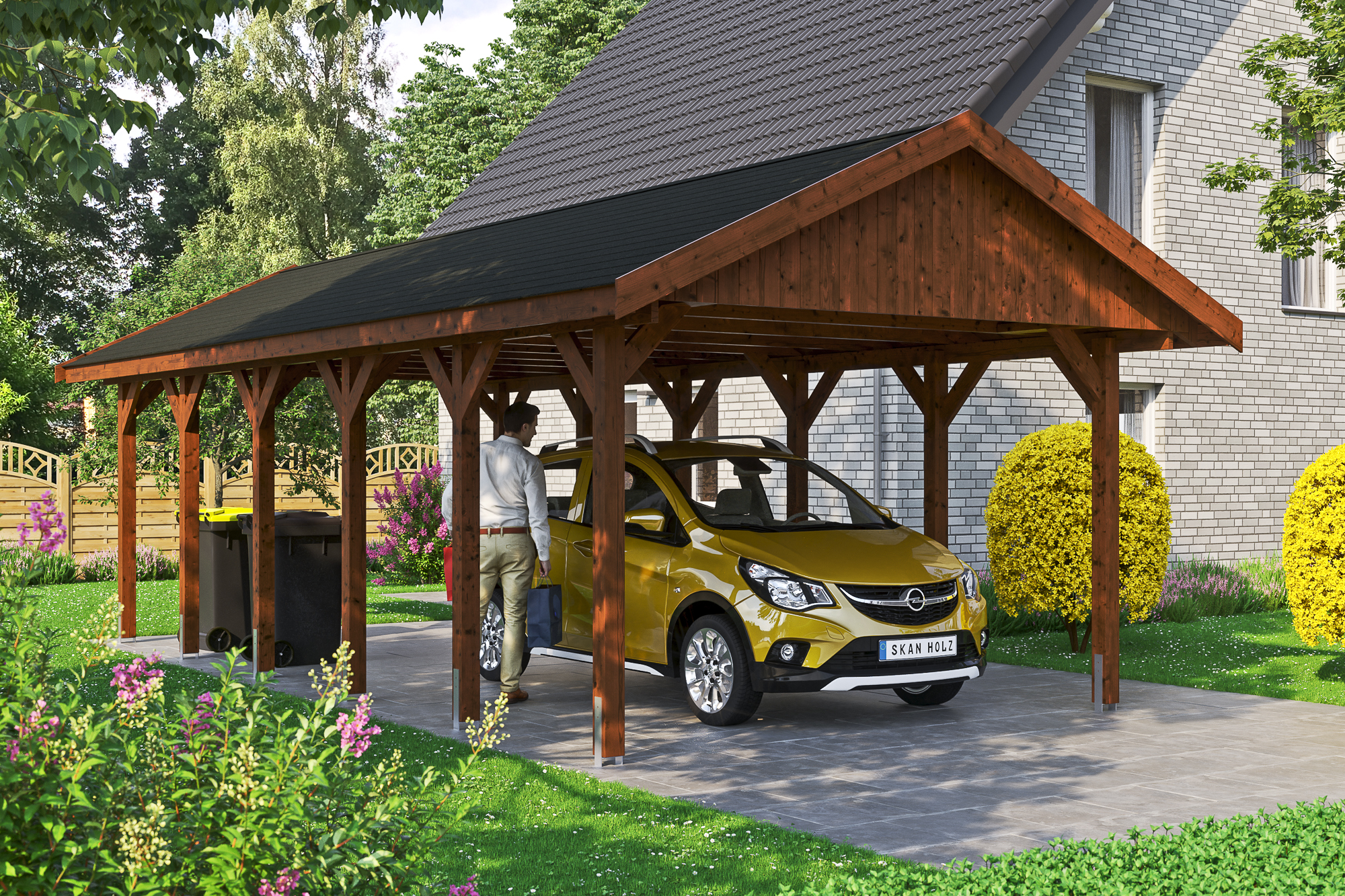 Carport Wallgau 430 x 900 cm, nussbaum, schwarze Schindeln