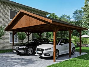 Carport Wallgau 620 x 500 cm, nussbaum, schwarze Schindeln