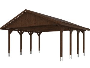Carport Wallgau 620 x 600 cm, nussbaum, rote Schindeln