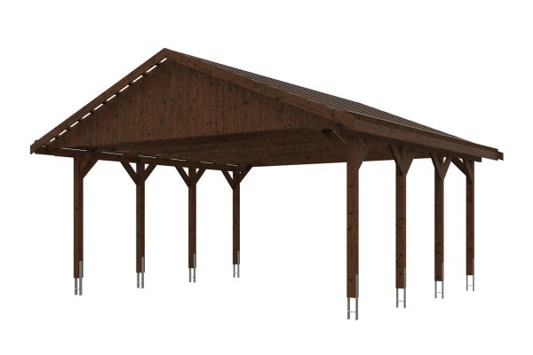 Carport Wallgau 620 x 600 cm, nussbaum, rote Schindeln