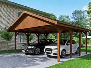Carport Wallgau 620 x 600 cm, nussbaum, schwarze Schindeln