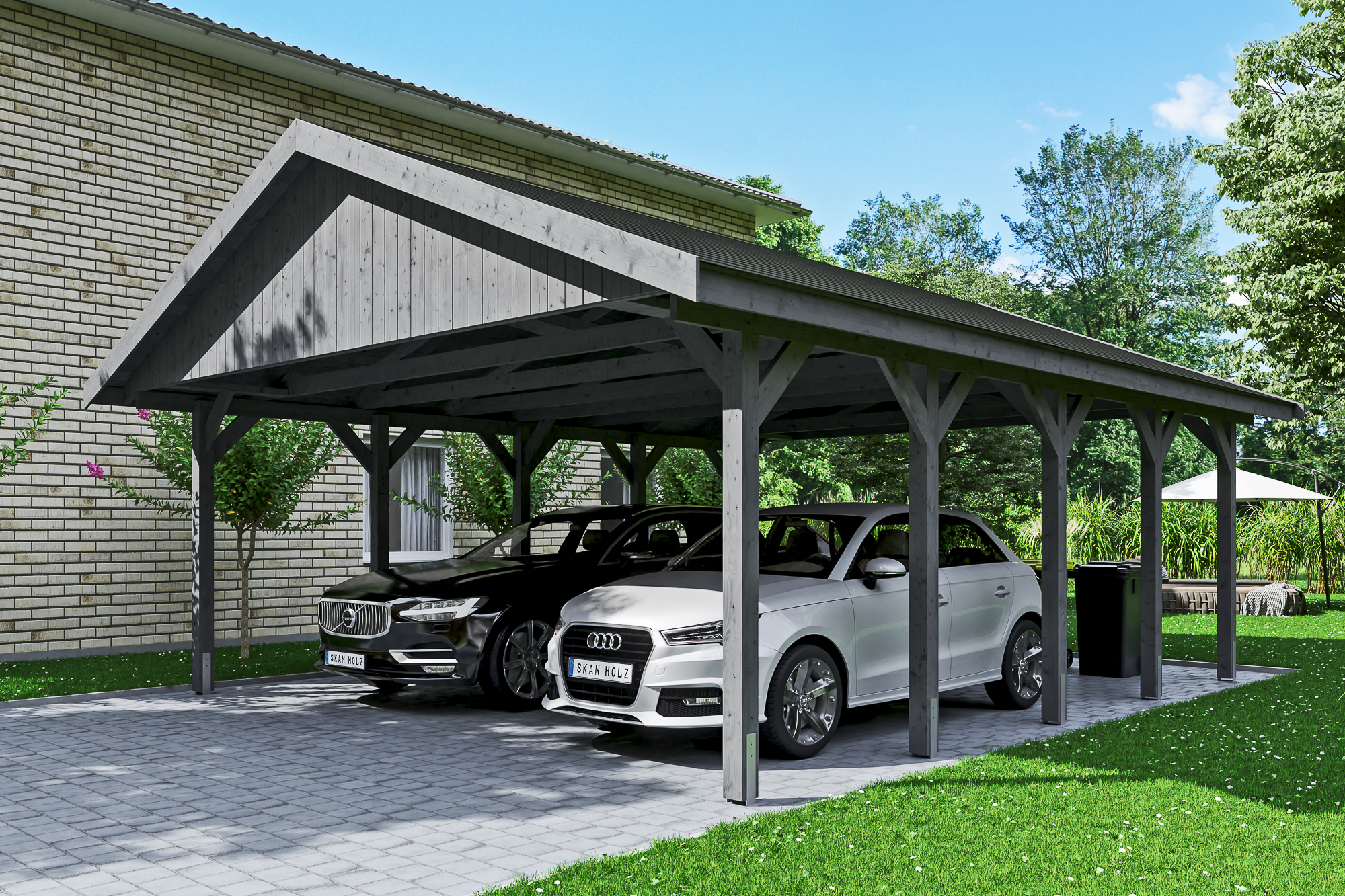 Carport Wallgau 620 x 750 cm, schiefergrau, schwarze Schindeln Carport Wallgau 620 x 750 cm, schiefergrau, schwarze Schindeln