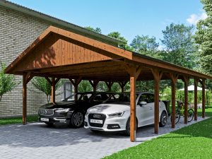 Carport Wallgau 620 x 900 cm, nussbaum, schwarze Schindeln