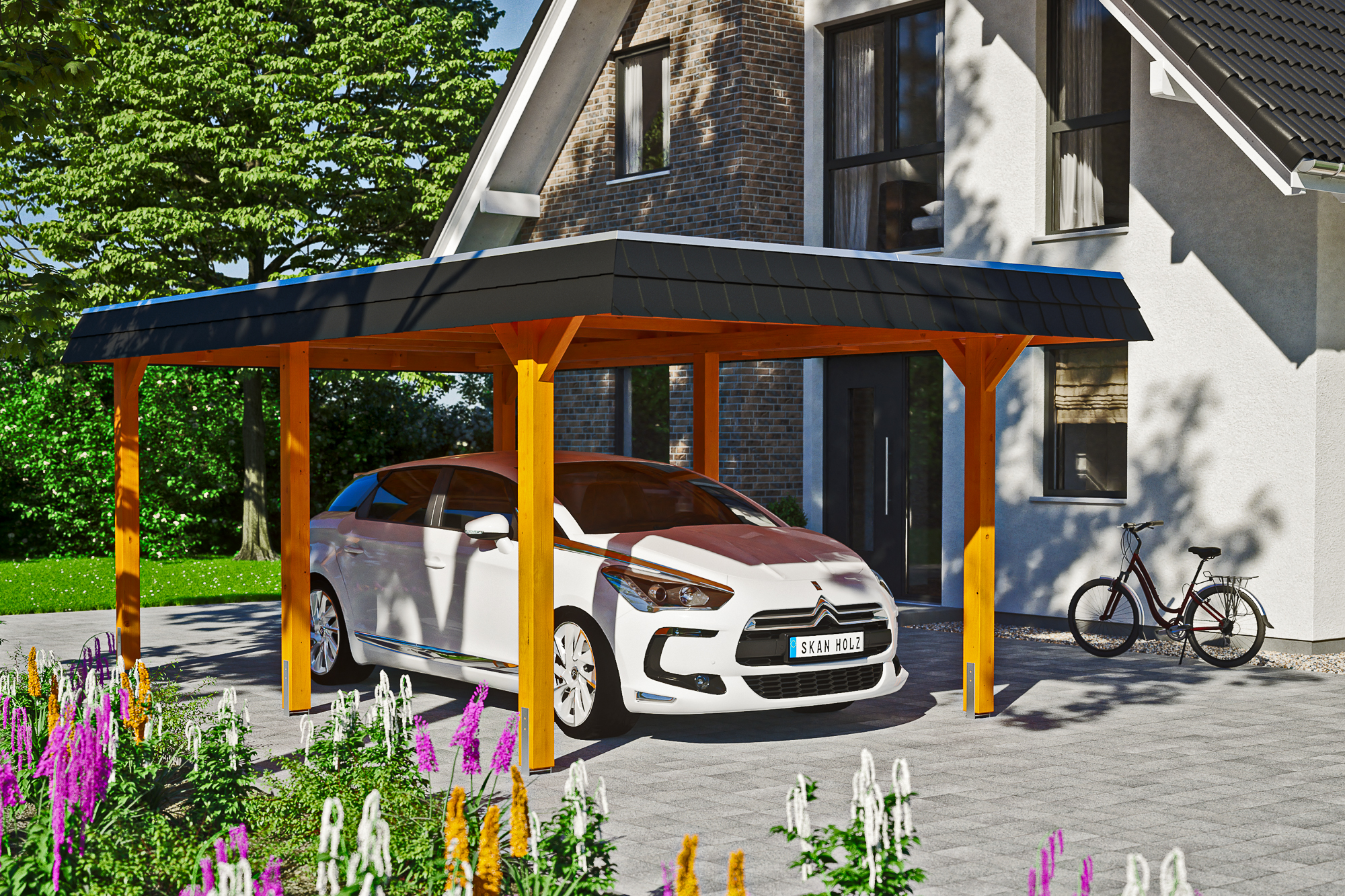 Carport Wendland 362 x 628 cm mit EPDM-Dach, schwarze Blende, eiche hell Carport Wendland 362 x 628 cm mit EPDM-Dach, schwarze Blende, eiche hell