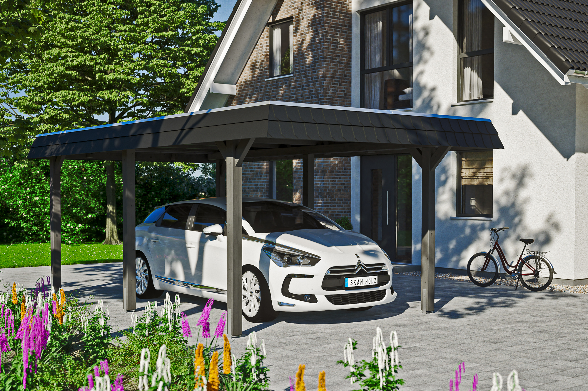 Carport Wendland 362 x 628 cm mit EPDM-Dach, schwarze Blende, schiefergrau Carport Wendland 362 x 628 cm mit EPDM-Dach, schwarze Blende, schiefergrau
