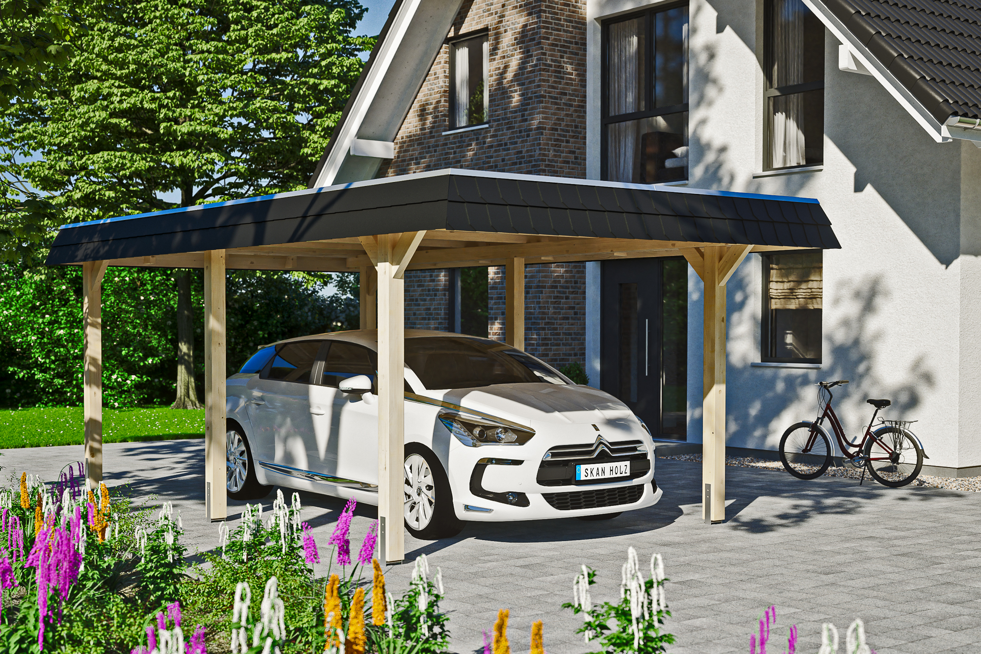 Carport Wendland 362 x 628 cm mit EPDM-Dach, schwarze Blende Carport Wendland 362 x 628 cm mit EPDM-Dach, schwarze Blende