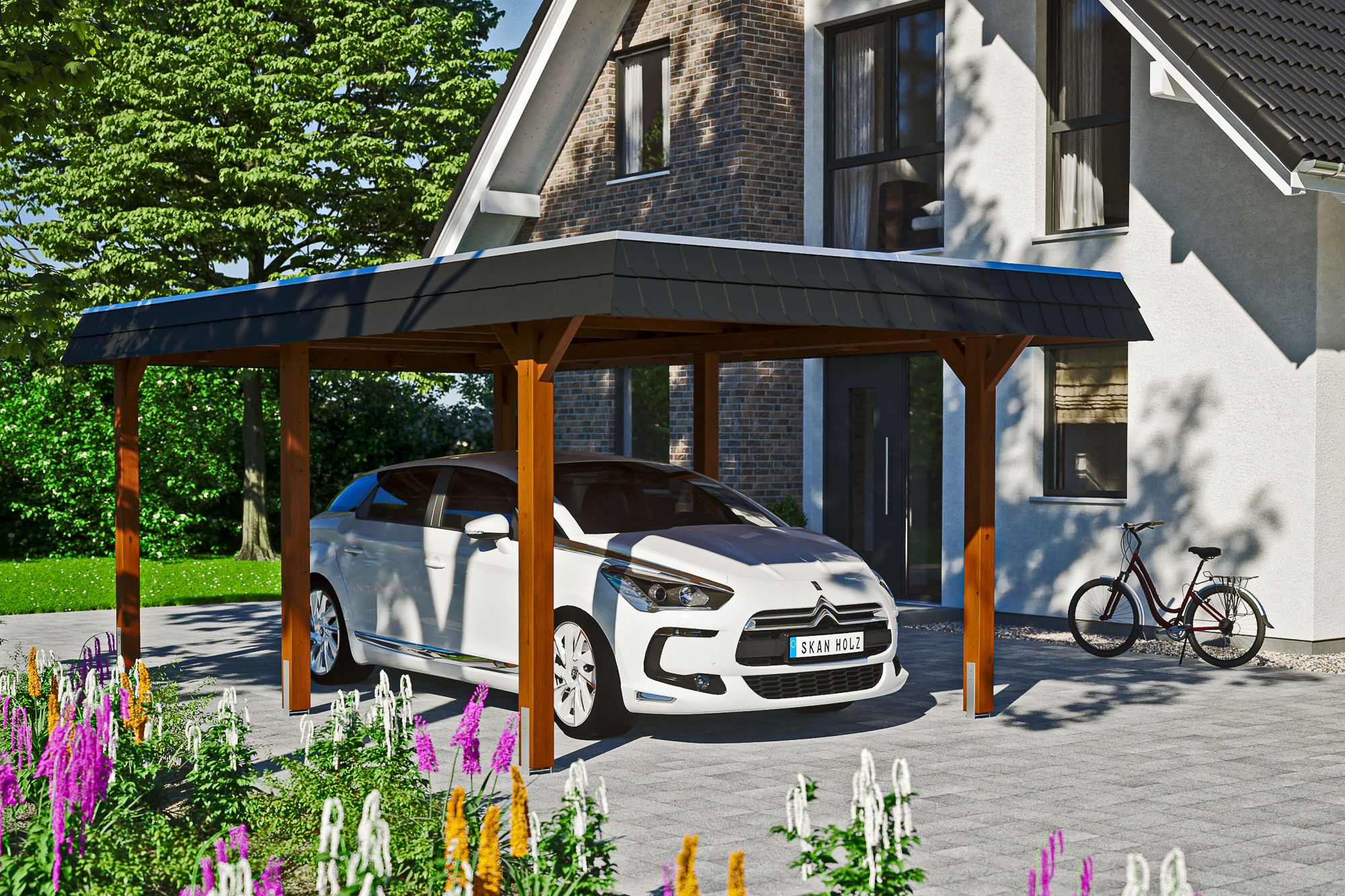 Carport Wendland 362 x 628 cm mit EPDM-Dach, schwarze Blende, nussbaum Carport Wendland 362 x 628 cm mit EPDM-Dach, schwarze Blende, nussbaum