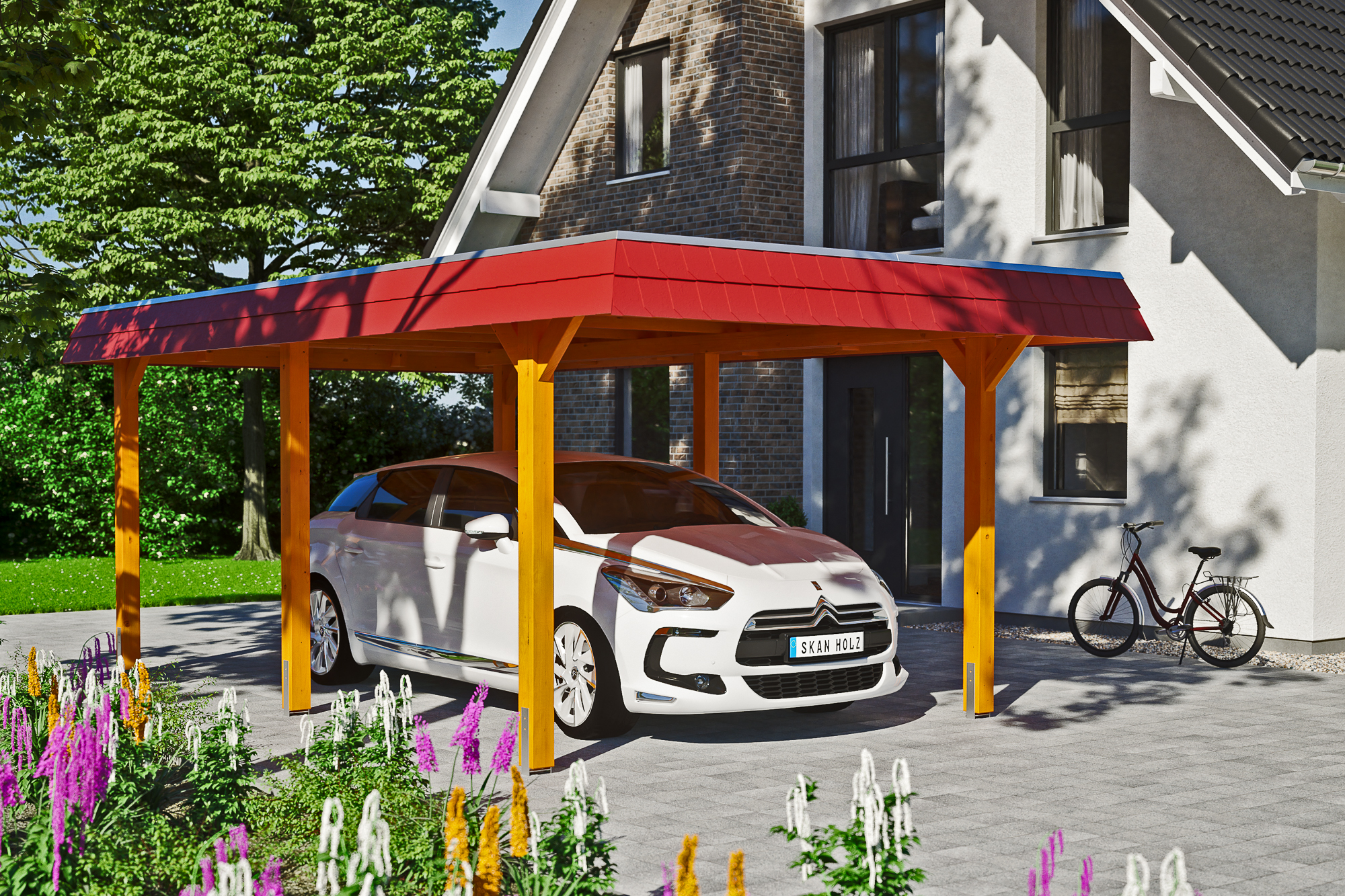 Carport Wendland 362 x 628 cm mit EPDM-Dach, rote Blende, eiche hell