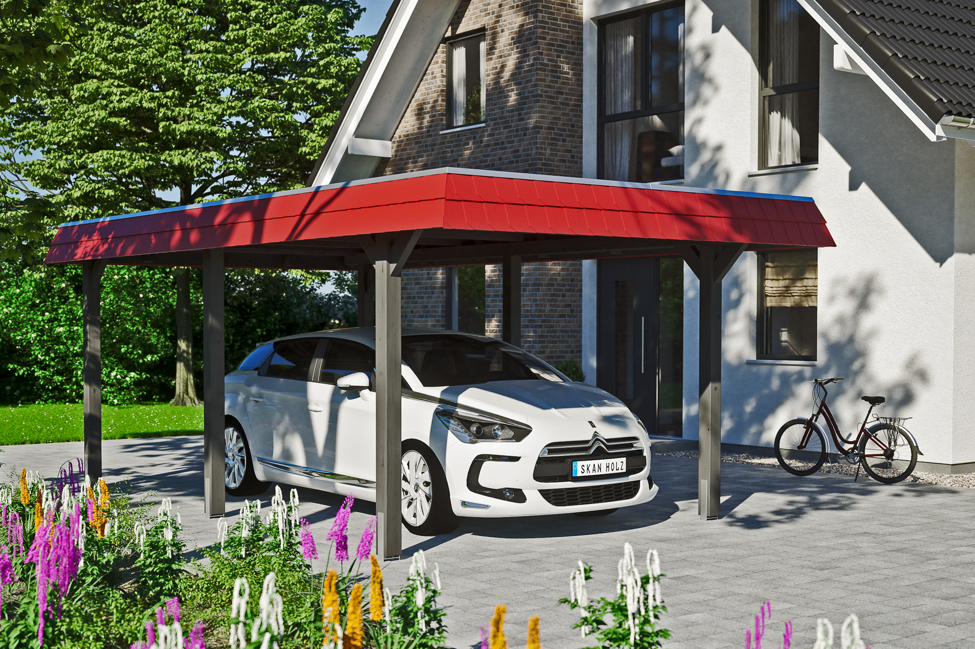 Carport Wendland 362 x 628 cm mit EPDM-Dach, rote Blende, schiefergrau
