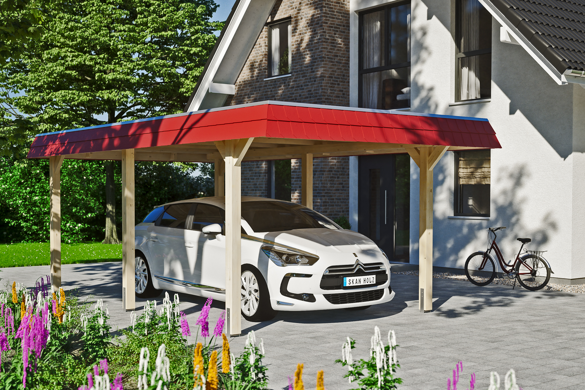Carport Wendland 362 x 628 cm mit EPDM-Dach, rote Blende